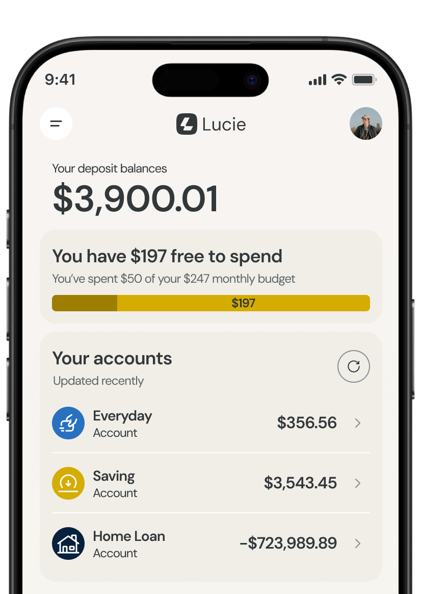 Lucie app home screen showing balances and spending overview